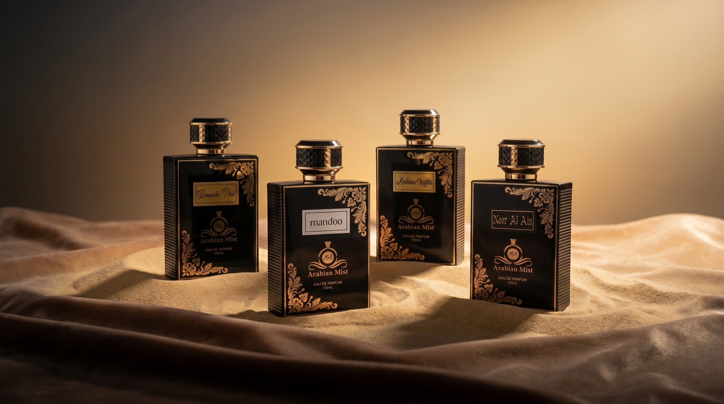 Arabian Mist black and gold perfume collection on desert sand dunes